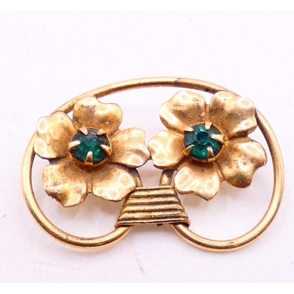 Antique Vintage 10K Gold Filled Green Emerald Crystal Double Flower Brooch‎ Pin